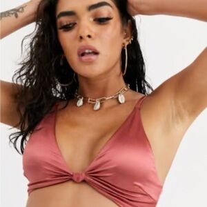 ASOS DESIGN fuller bust mirror satin knot front bikini top.